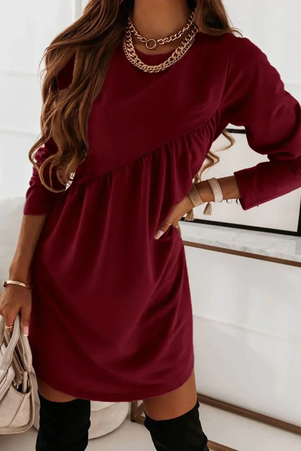 Carla | Solid O-Neck Long Sleeve Mini Dress