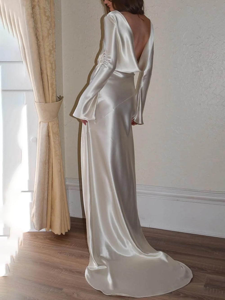 Arabella | Elegant Satin Backless Round Neck Maxi