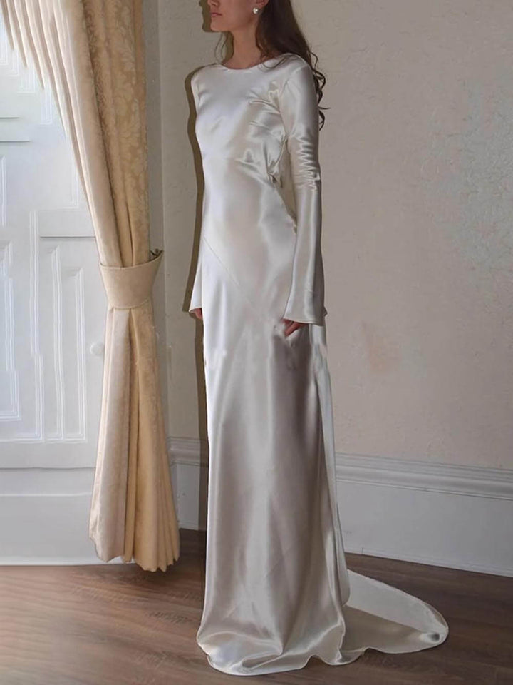 Arabella | Elegant Satin Backless Round Neck Maxi