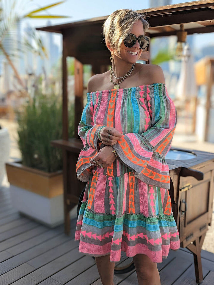 Siora | Ethnic Off-Shoulder Linen Mini Dress