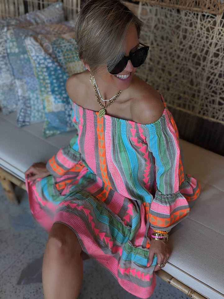 Siora | Ethnic Off-Shoulder Linen Mini Dress