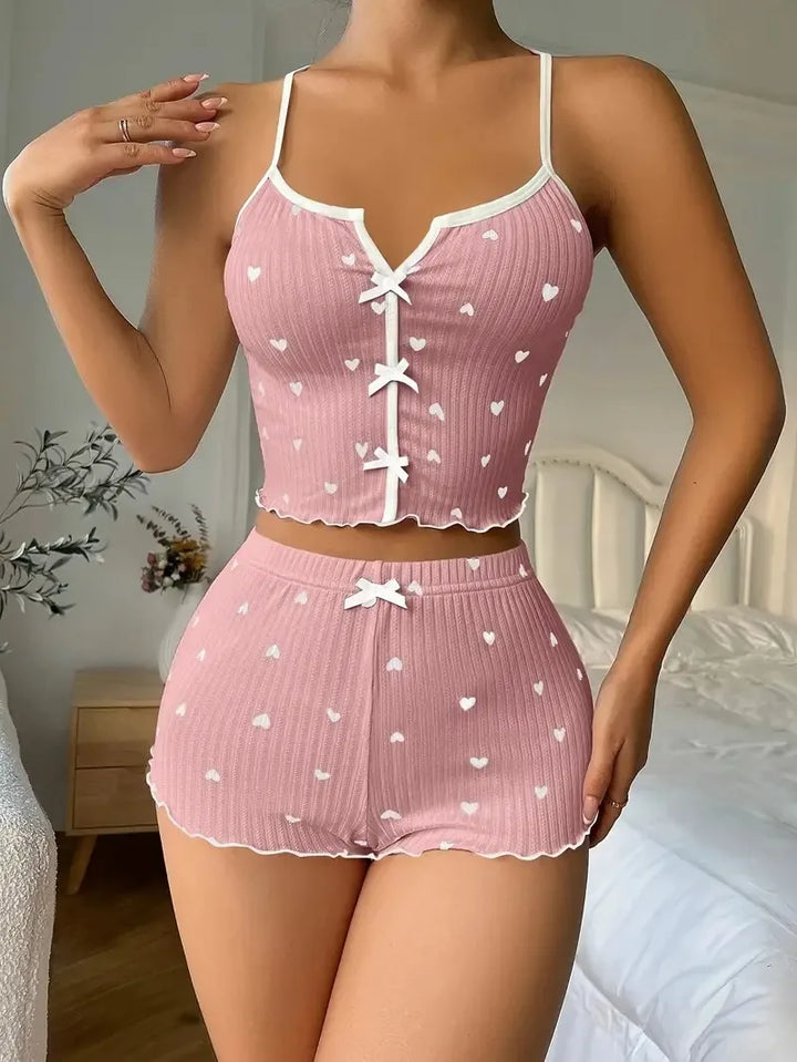 Lona | Heart Print Pajama Set – Silk Loungewear for Women