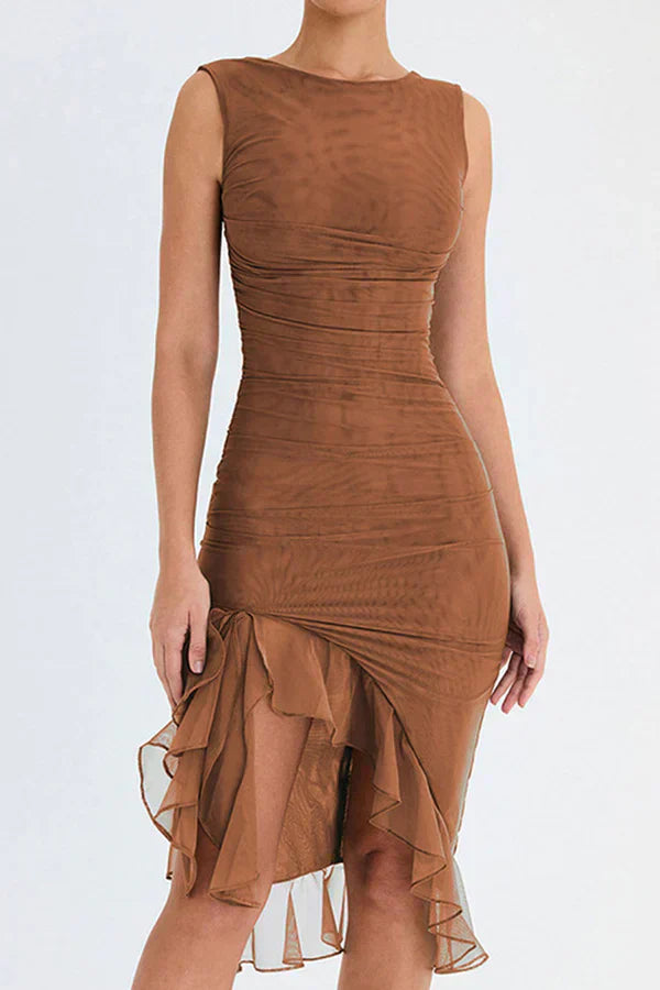 Lorienne | Boat-Neck Ruffle Sheath Dress
