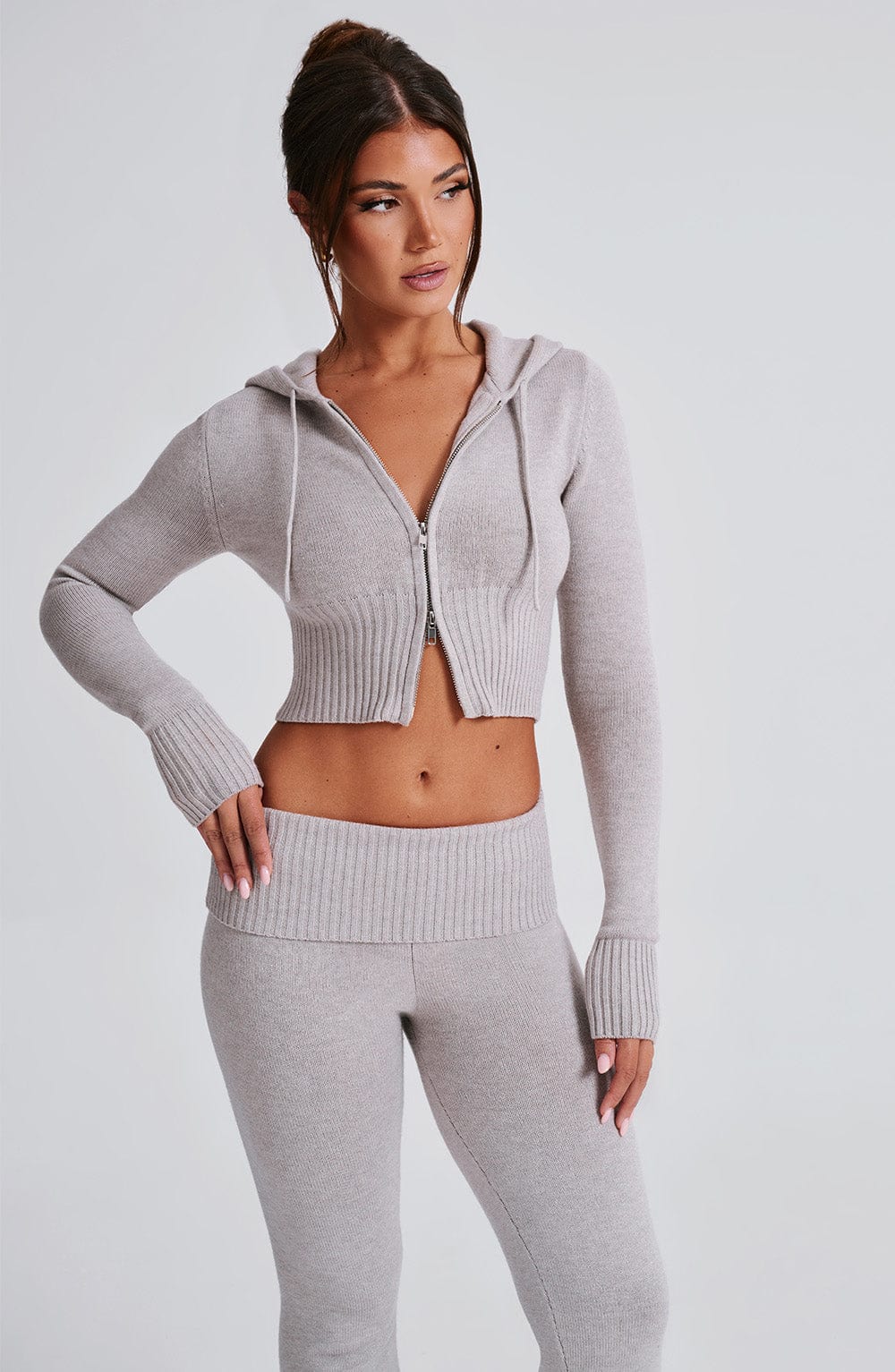 Portia | Light Grey Marl Knit Hoodie