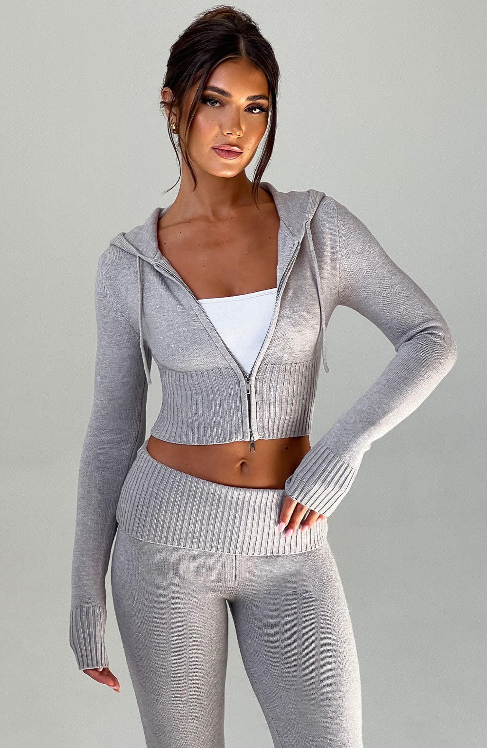 Portia | Light Grey Marl Knit Hoodie