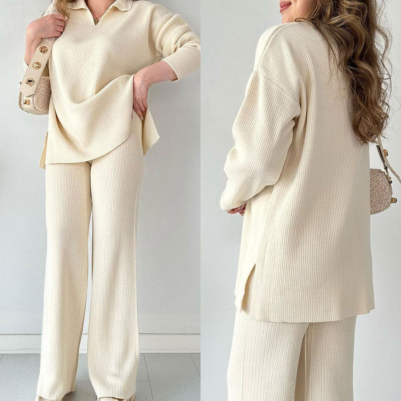 Sophia | Casual V-Neck and Slit Two-Piece Set