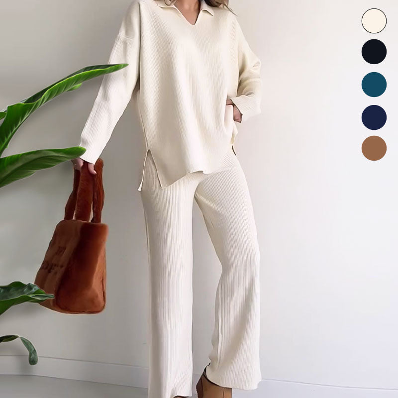 Sophia | Casual V-Neck and Slit Two-Piece Set