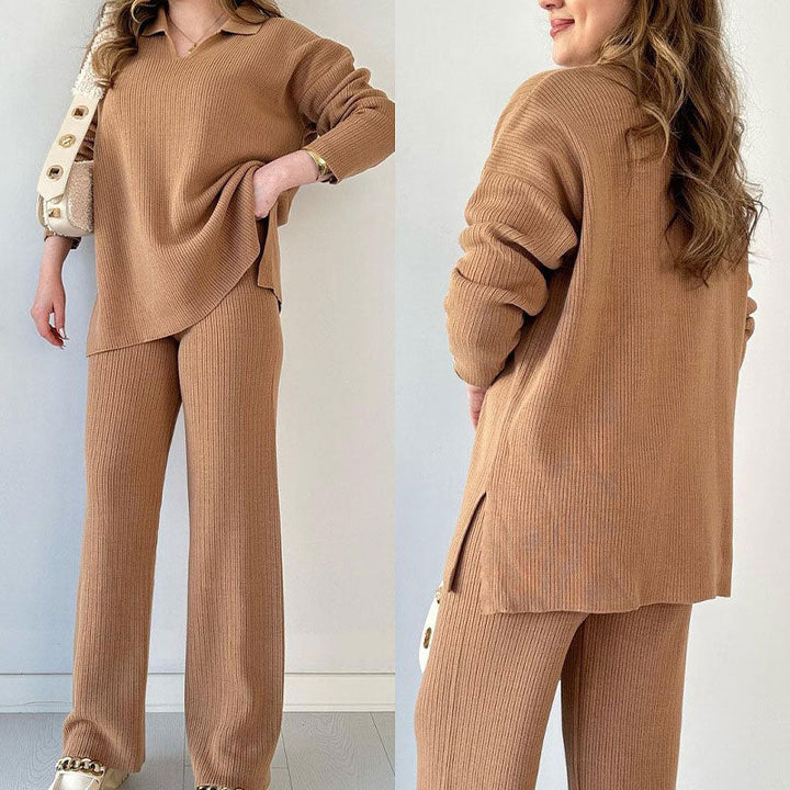 Sophia | Casual V-Neck and Slit Two-Piece Set